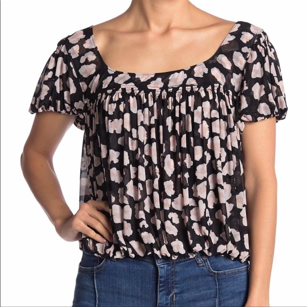 Free People Meg’s leopard print crop top black pink bubble hem mesh size XS - Picture 2 of 12